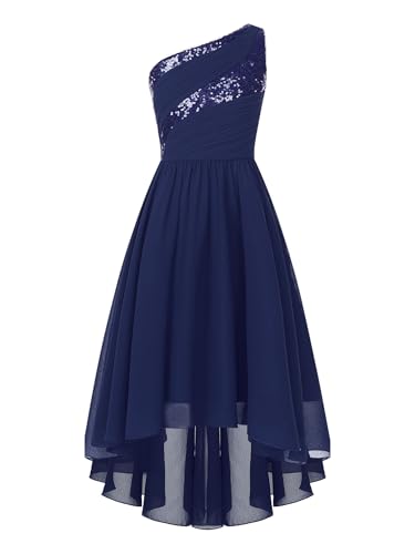 Rswnyirn Ein-Schulter Kleid Mädchen Partykleid Festlich Vokuhila Kleid mit Strass Prinzessin Blumenmädchenkleider zum Hochzeit Weihnachten Geburtstag Kleidung Navy blau 158-164 von Rswnyirn