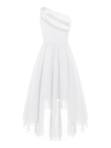 Rswnyirn Ein-Schulter Kleid Mädchen Partykleid Festlich Vokuhila Kleid mit Strass Prinzessin Blumenmädchenkleider zum Hochzeit Weihnachten Geburtstag Kleidung Silber 170-176 von Rswnyirn