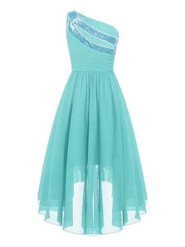 Rswnyirn Ein-Schulter Kleid Mädchen Partykleid Festlich Vokuhila Kleid mit Strass Prinzessin Blumenmädchenkleider zum Hochzeit Weihnachten Geburtstag Kleidung Türkis 146-152 von Rswnyirn