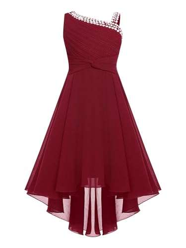 Rswnyirn Ein-Schulter Mädchen Prinzessin Kleid Blumenmädchenkleider mit Strass Festliches Kleid Hochzeit Weihnachten Partykleid gr.110-170 Burgundy 158-164 von Rswnyirn