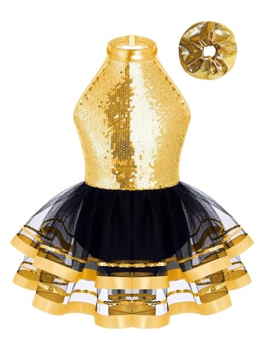 Rswnyirn Glitzer Mädchen Eiskunstlauf Kleid mit Haarband Ballettkleidung Set Rückenfrei Pailletten Tanzkleid Tanzanzug Latein Tütü Rock Gold 134-140 von Rswnyirn