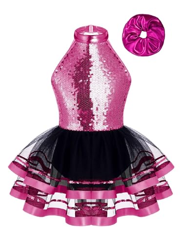 Rswnyirn Glitzer Mädchen Eiskunstlauf Kleid mit Haarband Ballettkleidung Set Rückenfrei Pailletten Tanzkleid Tanzanzug Latein Tütü Rock Rose 98-104 von Rswnyirn