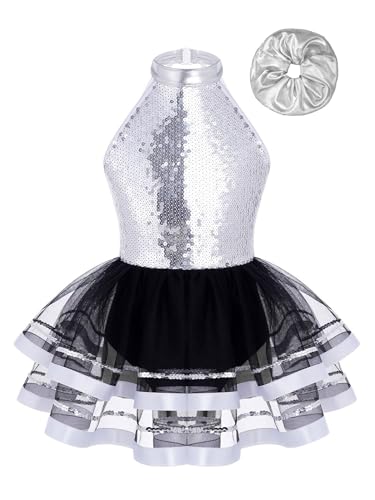 Rswnyirn Glitzer Mädchen Eiskunstlauf Kleid mit Haarband Ballettkleidung Set Rückenfrei Pailletten Tanzkleid Tanzanzug Latein Tütü Rock Silber 170 von Rswnyirn