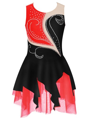 Rswnyirn Glitzer Mädchen Eiskunstlauf Kleid mit Strass Ballettkleid Kinder Ärmellose Rollkunstlauf Kürkleid Bühnenauftritt Gymnastik Anzug Schwarz Rot 122-128 von Rswnyirn
