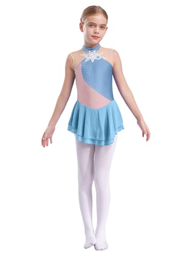 Rswnyirn Glitzer Mädchen Eiskunstlauf Kleid mit Strass Tanzkleid Latein Neckholder Kürkleid Rollkunstlauf Ballet Gymnastik Wettbewerb Rock Grau Blau 146-152 von Rswnyirn