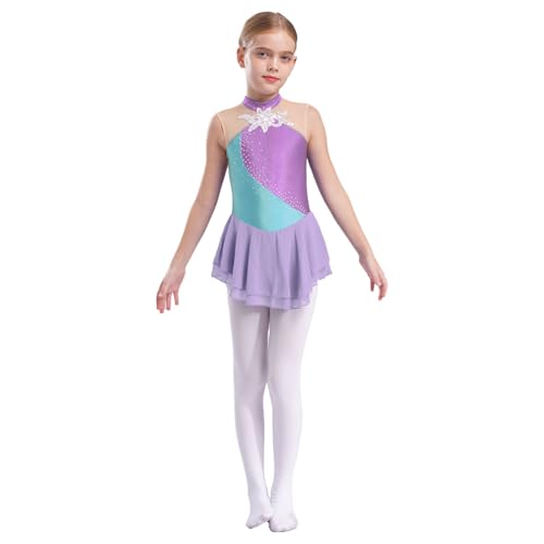 Rswnyirn Glitzer Mädchen Eiskunstlauf Kleid mit Strass Tanzkleid Latein Neckholder Kürkleid Rollkunstlauf Ballet Gymnastik Wettbewerb Rock Lavendel 146-152 von Rswnyirn