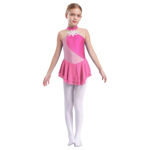 Rswnyirn Glitzer Mädchen Eiskunstlauf Kleid mit Strass Tanzkleid Latein Neckholder Kürkleid Rollkunstlauf Ballet Gymnastik Wettbewerb Rock Rosa 122-128 von Rswnyirn