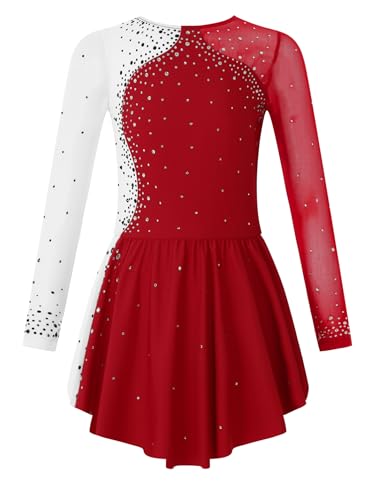 Rswnyirn Glitzer Mädchen Tanzkleid Langarm Latin Eiskunstlauf Kleid mit Strass Ballettkleid Ballett Trikot Body Tanz Wettbewerb Rock Kostüm Burgundy 134-140 von Rswnyirn