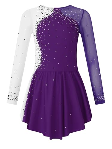 Rswnyirn Glitzer Mädchen Tanzkleid Langarm Latin Eiskunstlauf Kleid mit Strass Ballettkleid Ballett Trikot Body Tanz Wettbewerb Rock Kostüm Violett 122-128 von Rswnyirn