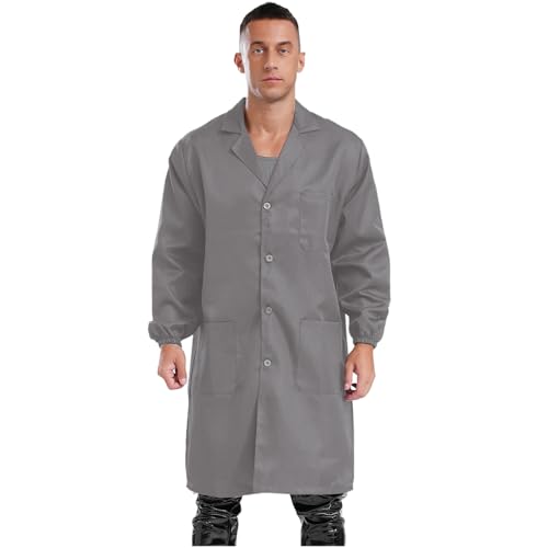 Rswnyirn Herren Arbeitsmantel Langarm Arbeitskitte Laborkittel mit Knopfleiste Taschen Berufsmantel Arbeitskleidung Grau XXL/190 von Rswnyirn
