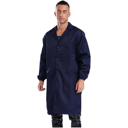 Rswnyirn Herren Arbeitsmantel Langarm Arbeitskitte Laborkittel mit Knopfleiste Taschen Berufsmantel Arbeitskleidung Navy blau 3XL/195 von Rswnyirn