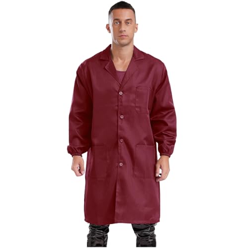 Rswnyirn Herren Arbeitsmantel Langarm Arbeitskitte Laborkittel mit Knopfleiste Taschen Berufsmantel Arbeitskleidung Rot 3XL/195 von Rswnyirn