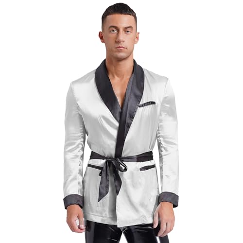 Rswnyirn Herren Bademantel Leicht Kurz Morgenmantel Sommer Nachtwäsche Satin Kimono Robe mit Taillegürtel Homewear Weiß M von Rswnyirn