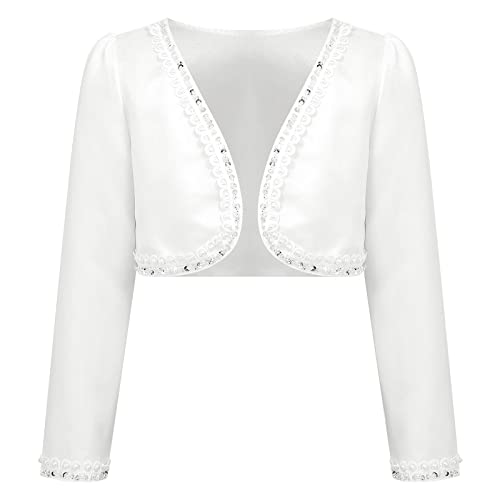 Rswnyirn Kinder Bolero Mädchen Festlich Jäckchen Satin Bolerojacke mit Blume Strickjacke Langarm zum Kommunionkleid Taufkleid Weiß gr.98-176 Elfenbein B 134-140 von Rswnyirn