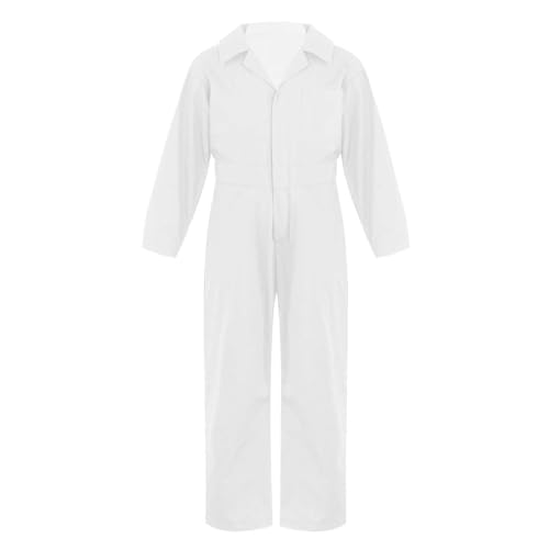 Rswnyirn Kinder Jungen Mechaniker Overall Langarm Arbeitsoverall Enteiler Jumpsuit Blaumann Uniform Arbeitskleidung Cosplay Outfit Weiß 122-128 von Rswnyirn
