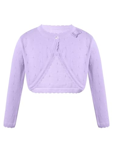 Rswnyirn Kinder Mädchen Bolero Festlich Kurze Jacke Basic Baumwolle Cardigan mit Schleife Strickjacke für Kommunion Taufe Party Kleid Violett 122-128 von Rswnyirn