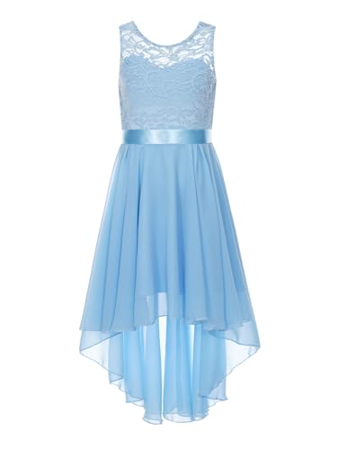 Rswnyirn Kinder Mädchen Kleid Festlich Chiffon Spitze Partykleid Hi-Lo Prinzessinnen Kleid Ärmellose Brautkleid Cocktailkleid Hellblau 164-176 von Rswnyirn