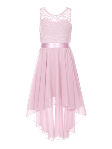 Rswnyirn Kinder Mädchen Kleid Festlich Chiffon Spitze Partykleid Hi-Lo Prinzessinnen Kleid Ärmellose Brautkleid Cocktailkleid Rosa 140-152 von Rswnyirn
