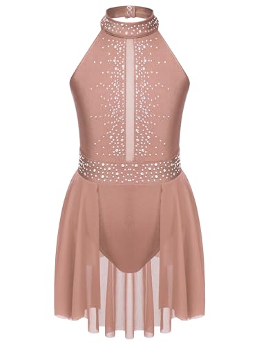 Rswnyirn Kinder Tanzkleid Mädchen Latein Eiskunstlauf Kleid Glitzer Ärmellos Kürkleid Rollkunstlauf Ballettkleidung Turnen Wettbewerb Tanz Kostüm Kaffee 134-140 von Rswnyirn