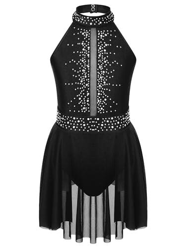 Rswnyirn Kinder Tanzkleid Mädchen Latein Eiskunstlauf Kleid Glitzer Ärmellos Kürkleid Rollkunstlauf Ballettkleidung Turnen Wettbewerb Tanz Kostüm Schwarz 134-140 von Rswnyirn