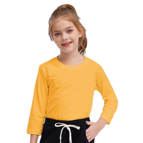 Rswnyirn Mädchen Baisc Shirt Top Langarmshirt Rundhals Unterhemd Baumwolle Oberteil Einfarbig Kinder Casual Freizeit Outfit Gelb 146-152 von Rswnyirn
