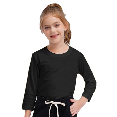 Rswnyirn Mädchen Baisc Shirt Top Langarmshirt Rundhals Unterhemd Baumwolle Oberteil Einfarbig Kinder Casual Freizeit Outfit Schwarz 122-128 von Rswnyirn