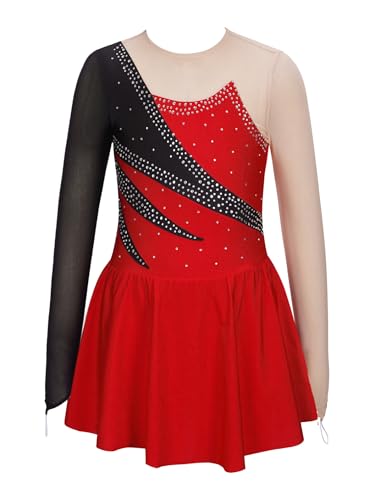 Rswnyirn Mädchen Ballettkleid Langarm Kürkleid Eiskunstlauf Kleid Patchwork Tanzbody mit Rock Tanzkleidung Ballett Trikot Outfit Rot 134-140 von Rswnyirn