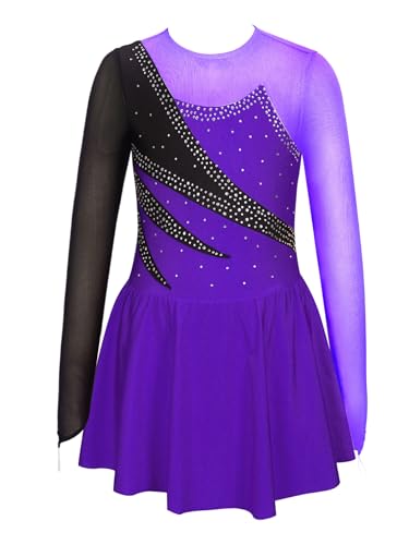 Rswnyirn Mädchen Ballettkleid Langarm Kürkleid Eiskunstlauf Kleid Patchwork Tanzbody mit Rock Tanzkleidung Ballett Trikot Outfit Violett 146-152 von Rswnyirn