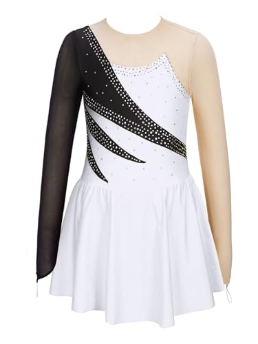 Rswnyirn Mädchen Ballettkleid Langarm Kürkleid Eiskunstlauf Kleid Patchwork Tanzbody mit Rock Tanzkleidung Ballett Trikot Outfit Weiß 146-152 von Rswnyirn