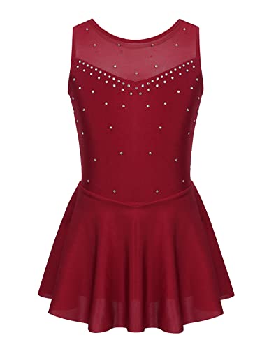 Rswnyirn Mädchen Einteiler Ballett Trikot Tanzkleid Latein Eiskunstlauf Kleid ärmellos Ballettanzug Mit Wickelrock Tanzkostüme Burgundy 146-152 von Rswnyirn