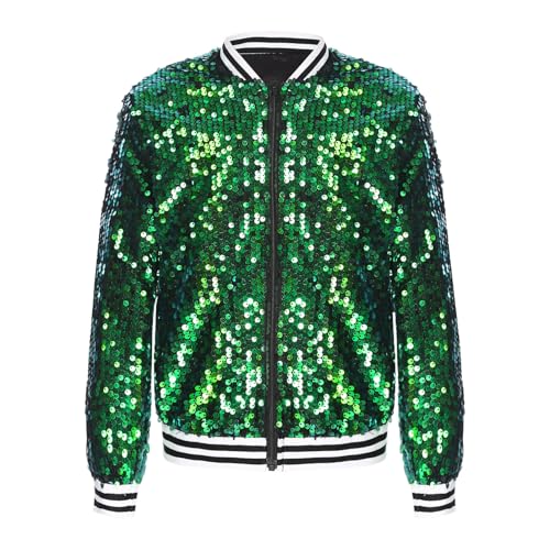 Rswnyirn Mädchen Glitzer Jacke Langarm Bomberjacke Sweatjacke mit Reißverschluss Hip Hop Disco Tanz Outfit Streetwear Grün 158-164 von Rswnyirn