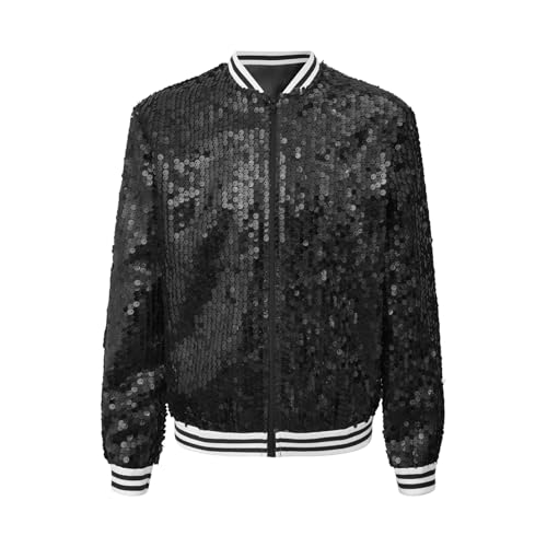Rswnyirn Mädchen Glitzer Jacke Langarm Bomberjacke Sweatjacke mit Reißverschluss Hip Hop Disco Tanz Outfit Streetwear Schwarz 134-140 von Rswnyirn