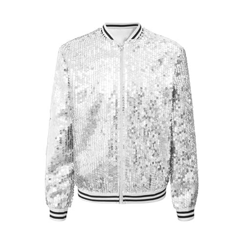 Rswnyirn Mädchen Glitzer Jacke Langarm Bomberjacke Sweatjacke mit Reißverschluss Hip Hop Disco Tanz Outfit Streetwear Silber 170 von Rswnyirn