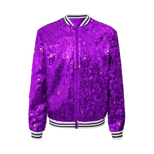 Rswnyirn Mädchen Glitzer Jacke Langarm Bomberjacke Sweatjacke mit Reißverschluss Hip Hop Disco Tanz Outfit Streetwear Violett 170 von Rswnyirn