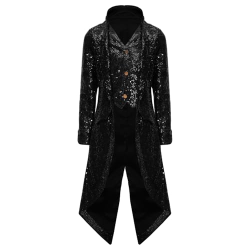 Rswnyirn Mädchen Jungen Glitzer Jacke Oberteil Frack Jacke Mantel Smoking Gehrock Lang Einfarbig Steampunk Mottoparty Verkleidung Outfit Schwarz 158-164 von Rswnyirn