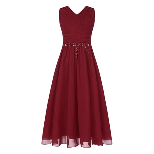 Rswnyirn Mädchen Kleid Festlich Lang Hochzeit Blumenmädchenkleider Prinzessin Partykleid mit V-Ausschnitt Glitzern Kinder Geburtstag Party Outfit Burgundy 158-164 von Rswnyirn