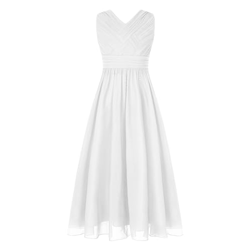 Rswnyirn Mädchen Kleid Festlich Lang Hochzeit Blumenmädchenkleider Prinzessin Partykleid mit V-Ausschnitt Glitzern Kinder Geburtstag Party Outfit Elfenbein 134-140 von Rswnyirn