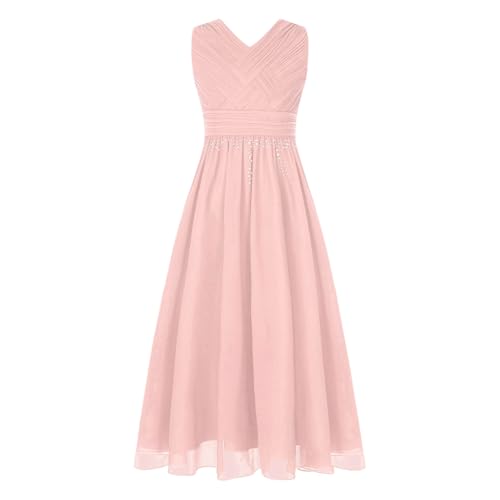 Rswnyirn Mädchen Kleid Festlich Lang Hochzeit Blumenmädchenkleider Prinzessin Partykleid mit V-Ausschnitt Glitzern Kinder Geburtstag Party Outfit Rosa 158-164 von Rswnyirn