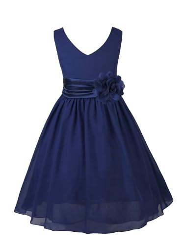Rswnyirn Mädchen Kleid Festlich V-Ausschnitt Blumenmädchenkleider Mit 3D Blumen Tutu Ballkleid Hochzeit Partykleid Gr.80-164 Navy blau 122-128 von Rswnyirn