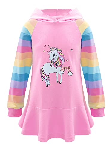 Rswnyirn Mädchen Kleid Kapuzenpullover Langen Ärmeln Kapuzenkleid Einhörner Hoodies Tops Rüschen Rock Pulloverkleid Freizeit Rosa 116-122 von Rswnyirn