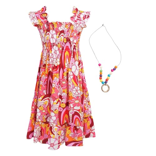 Rswnyirn Mädchen Kleider Sommer Strandkleid Boho Stil Trägerkleid mit Halskette Kinder Strandkleidung Rot 110-116 von Rswnyirn