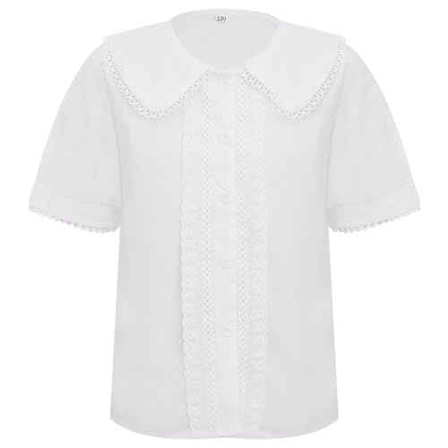 Rswnyirn Mädchen Kurzarm Bluse Shirt Sommer Hemdbluse Weiß Schuluniform Oberteil mit Knopfleiste Kinder Casual Schule Outfit Typ B 158-164 von Rswnyirn
