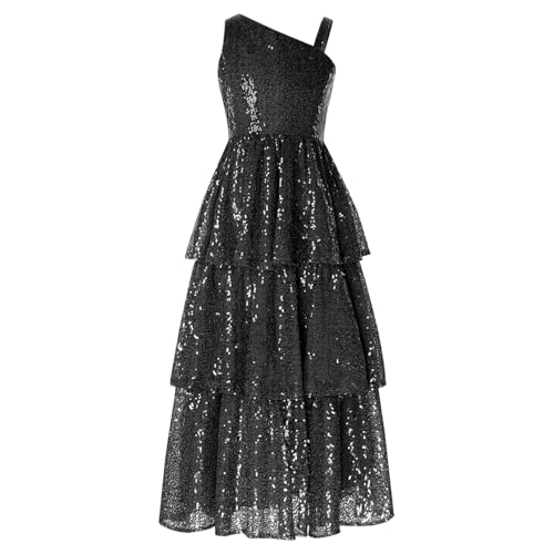 Rswnyirn Mädchen Pailletten Kleid Partykleid Lang Ballkleid Glitzerkleid Prinzessin Rüschen Kleid Maxikleid Hochzeit Party Outfit Schwarz 158-164 von Rswnyirn