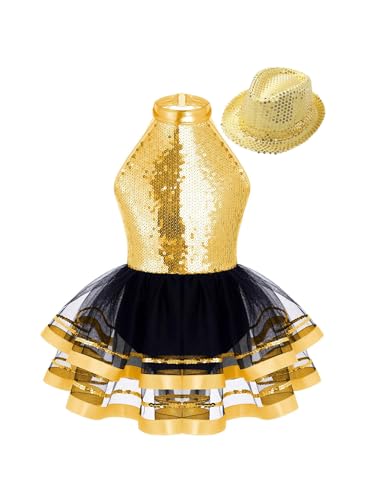 Rswnyirn Mädchen Tanzkleid Ballettkleid Mit Hut Mütze Eiskunstlauf Kleid Rückenfrei Pailletten Ballettanzug Tütü Rock Kinder Ballettkleidung Gold 134-140 von Rswnyirn
