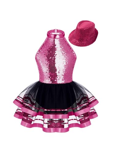 Rswnyirn Mädchen Tanzkleid Ballettkleid Mit Hut Mütze Eiskunstlauf Kleid Rückenfrei Pailletten Ballettanzug Tütü Rock Kinder Ballettkleidung Rose 110-116 von Rswnyirn