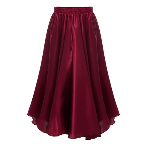 Rswnyirn Mädchen Tanzrock Lang Spanisches Flamenco Rock Chiffon Maxirock Swing Bauchtanz Rock mit Gummizug Einfarbig Kinder Bühne Tanzkleidung Burgundy 122-128 von Rswnyirn