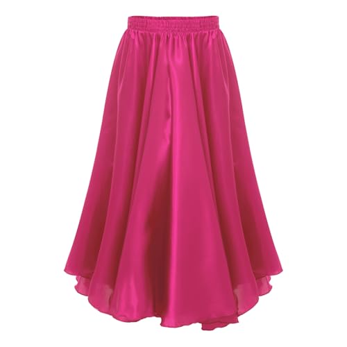 Rswnyirn Mädchen Tanzrock Lang Spanisches Flamenco Rock Chiffon Maxirock Swing Bauchtanz Rock mit Gummizug Einfarbig Kinder Bühne Tanzkleidung Hot Pink 98-104 von Rswnyirn