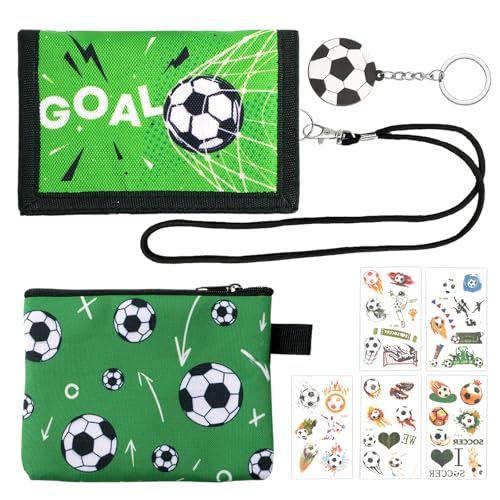 RtottiM Brustbeutel Kinder, Geldbeutel Kinder, Geldbörse für Jungen, Faltbare Portemonnaie Kinder mit Fußball Schlüsselanhänger, Klettverschluss, Kordelzug, Geschenk für Kinder(Fußball Motiv) von RtottiM