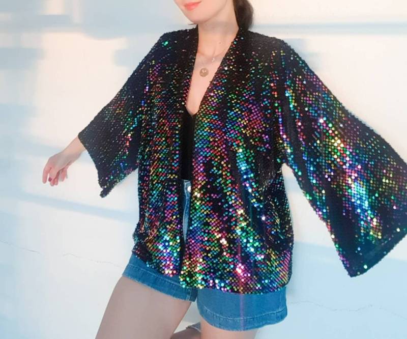 Customized Black Sequin Jacket, Unisex Rainbow Sequined Men Velvet Oversized Purple Sequine Cardigan, Christmas Cardigan von RubyLines