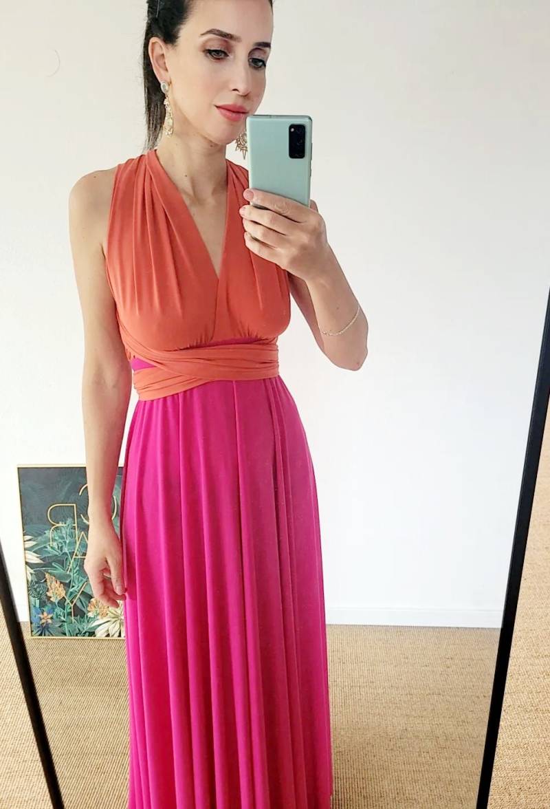 Customized Colorful Infinity Dress, Multi Wrap Orange Pink Green Long Beach Wedding Bridesmaid Maxi Dress von RubyLines